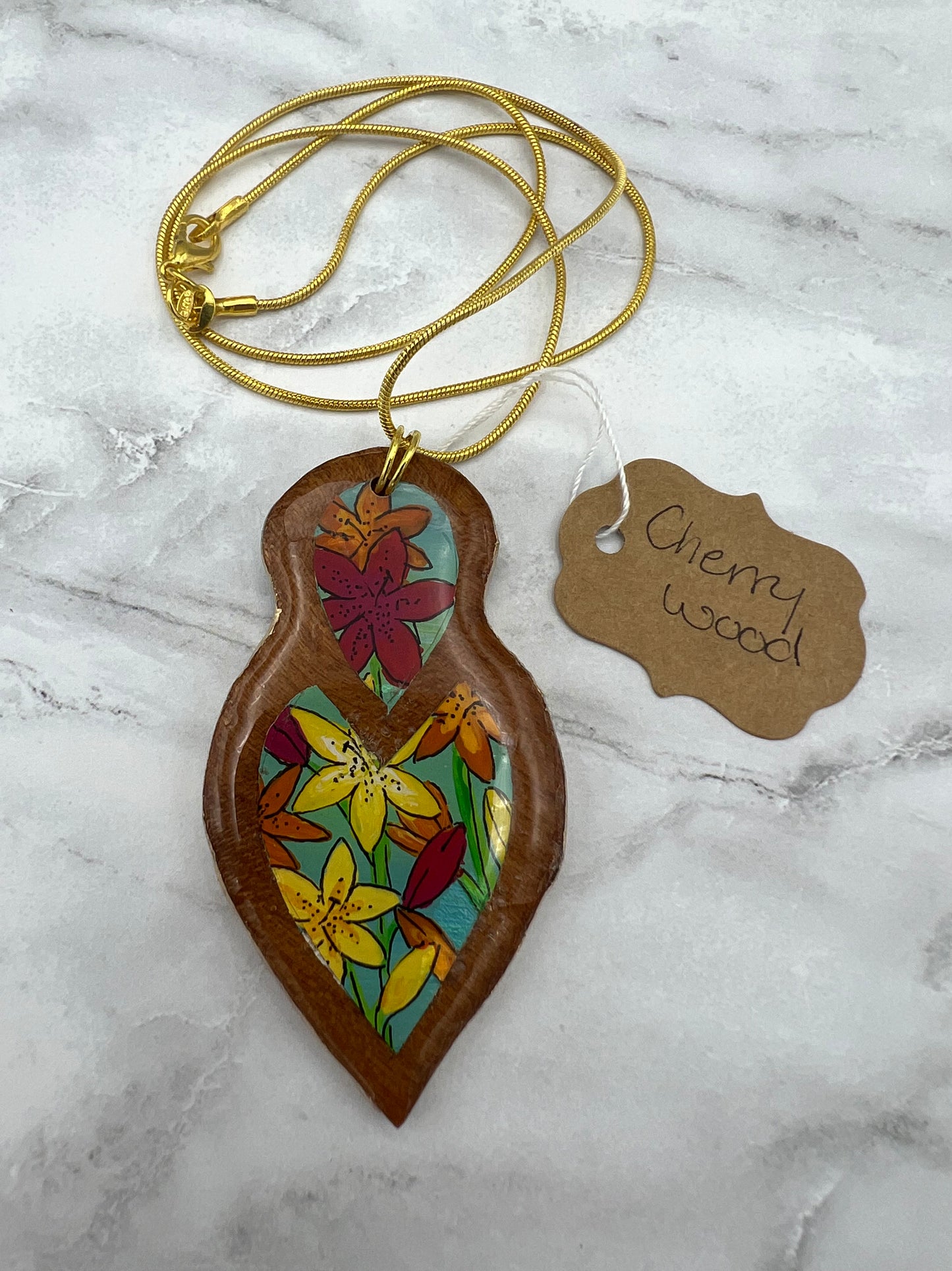 Mixed Lilies on Cherry Wood - Wooden Pendant Necklace