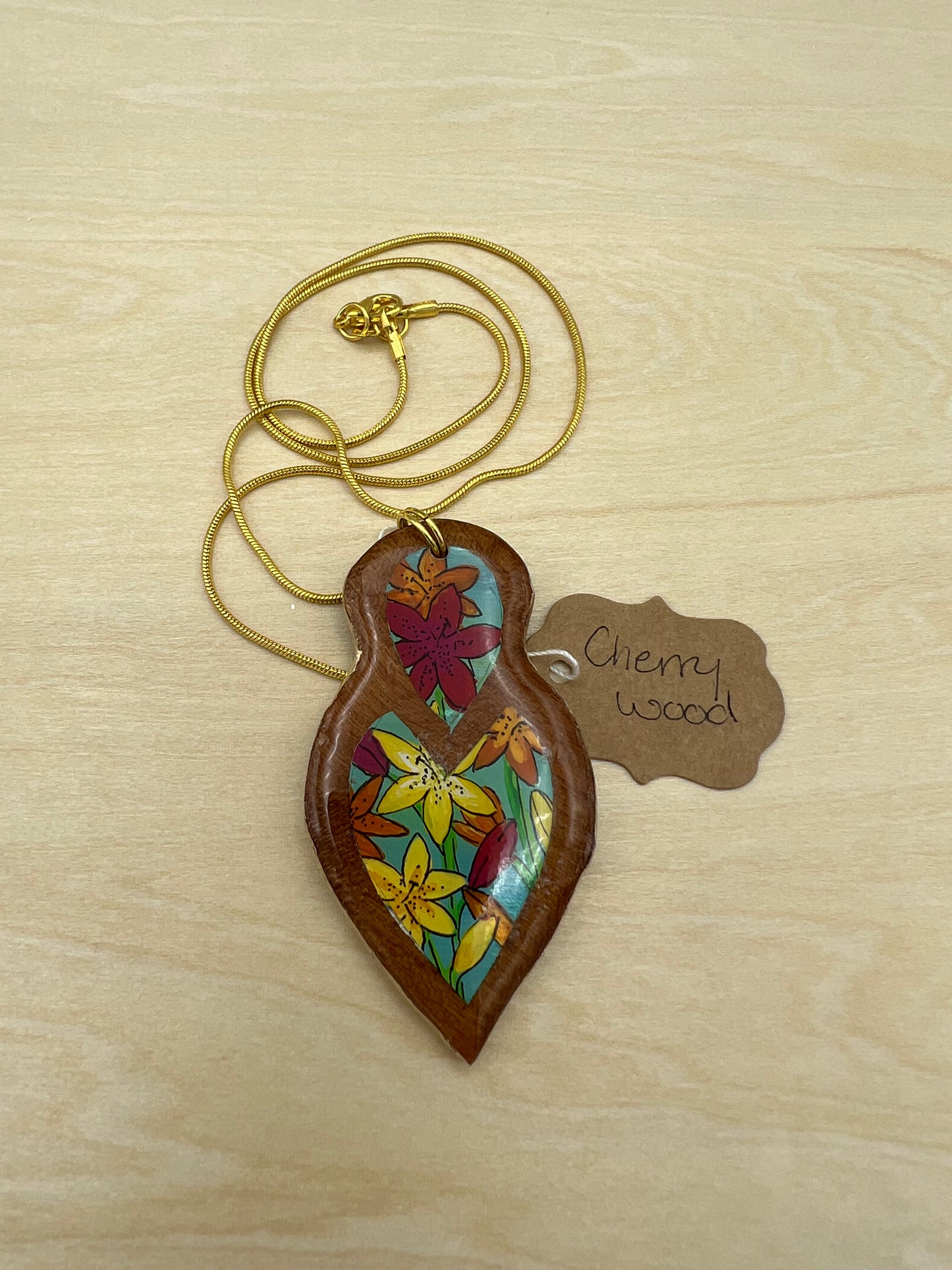 Mixed Lilies on Cherry Wood - Wooden Pendant Necklace