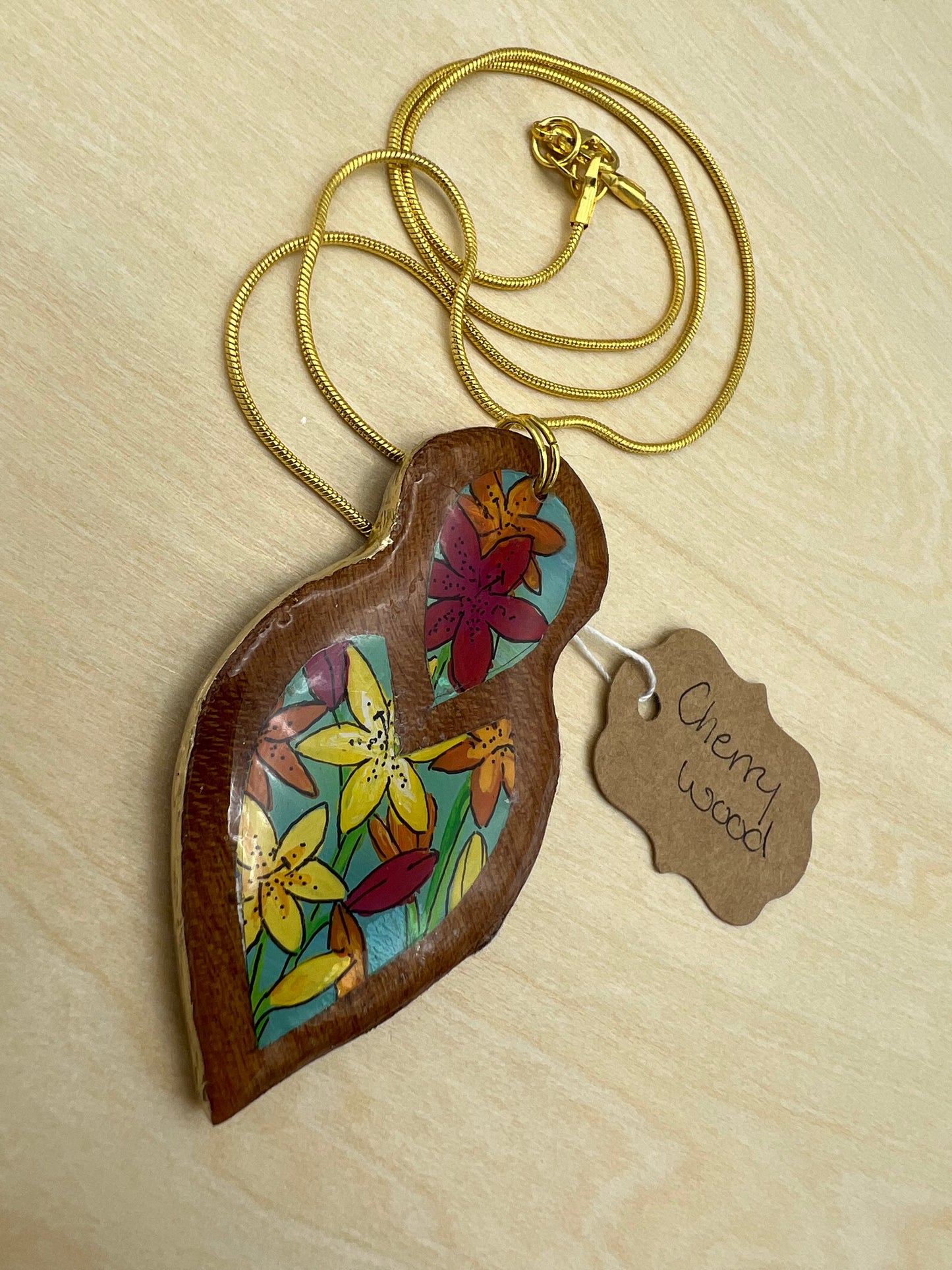 Mixed Lilies on Cherry Wood - Wooden Pendant Necklace