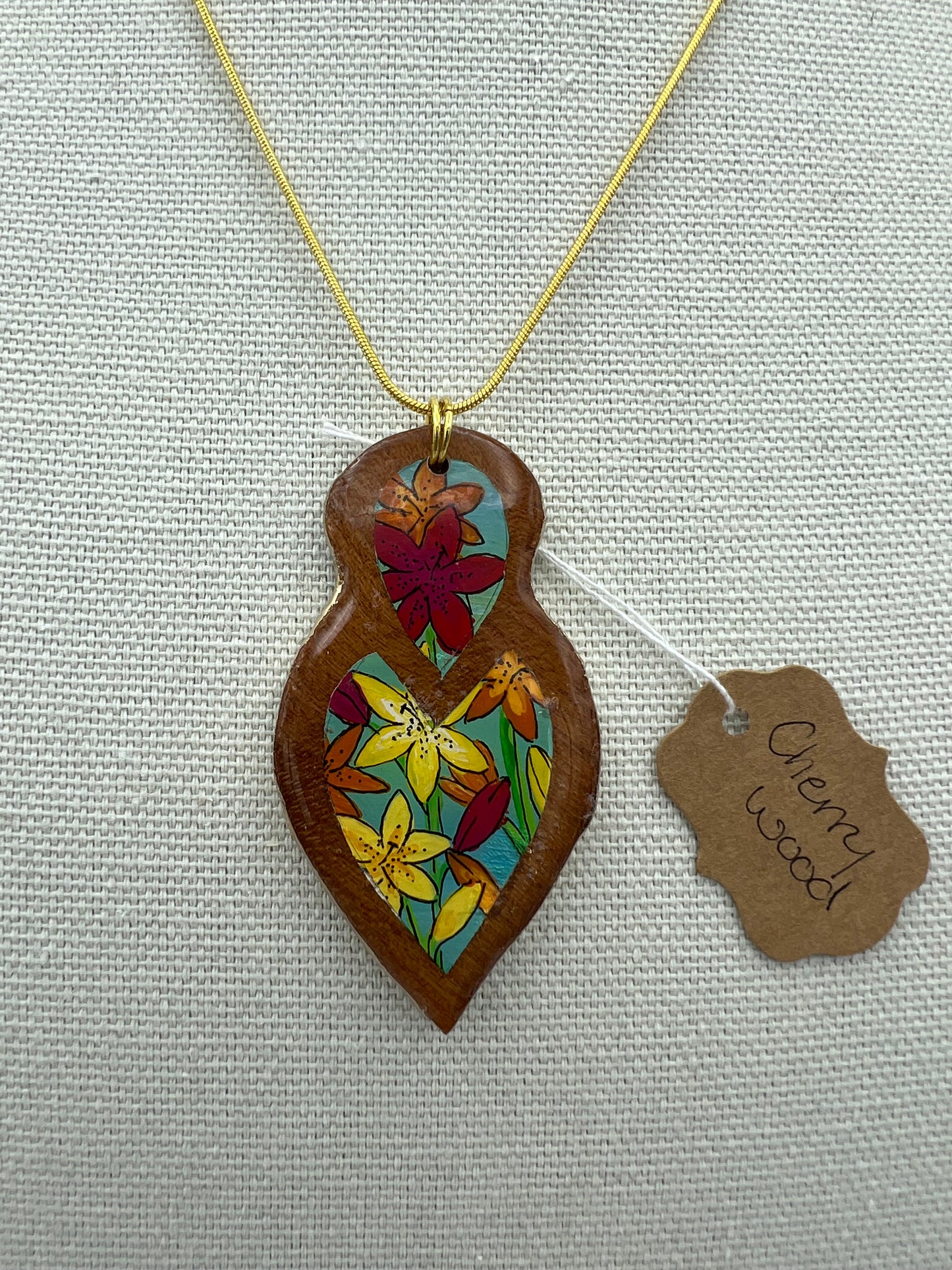 Mixed Lilies on Cherry Wood - Wooden Pendant Necklace