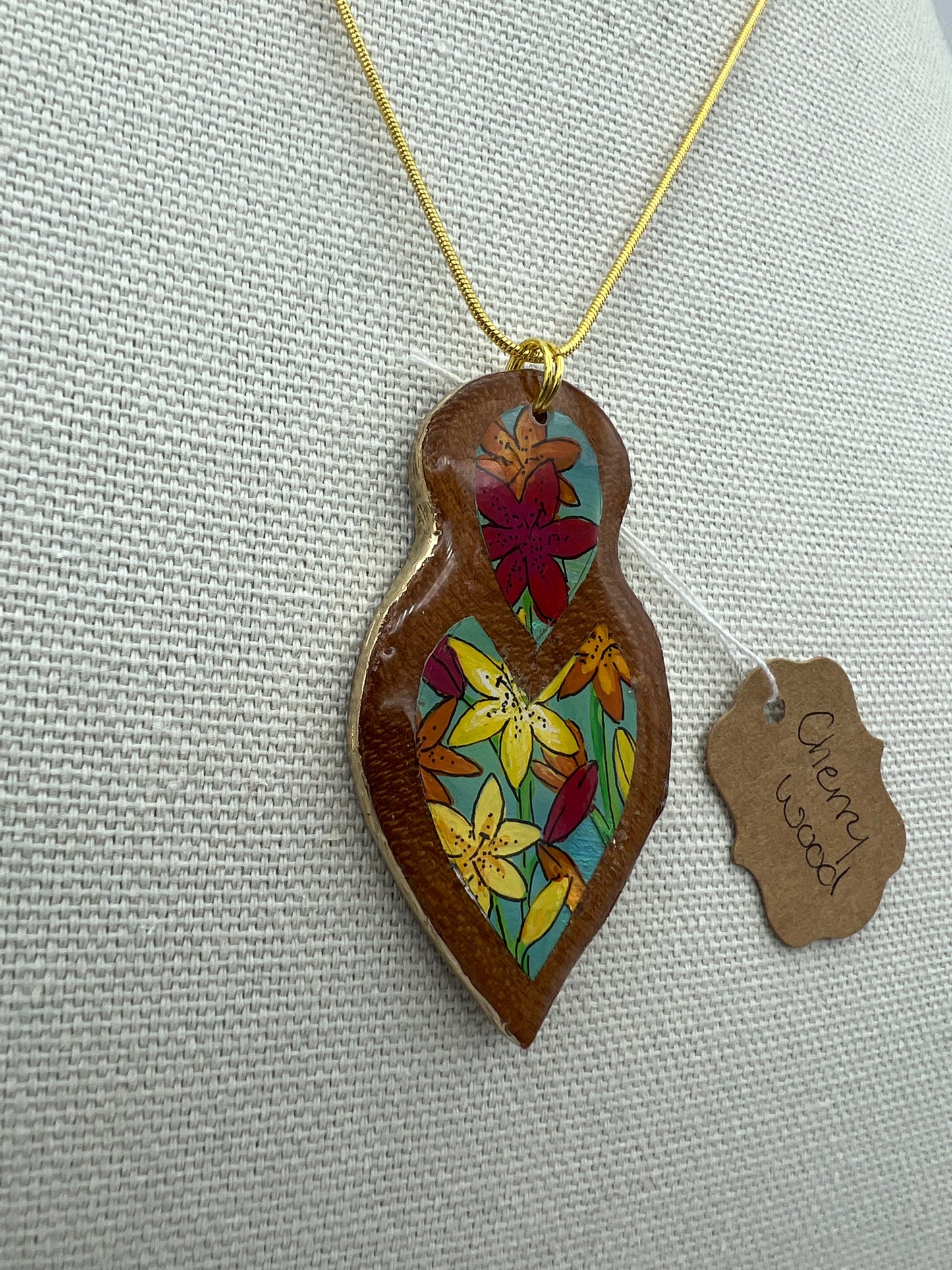 Mixed Lilies on Cherry Wood - Wooden Pendant Necklace