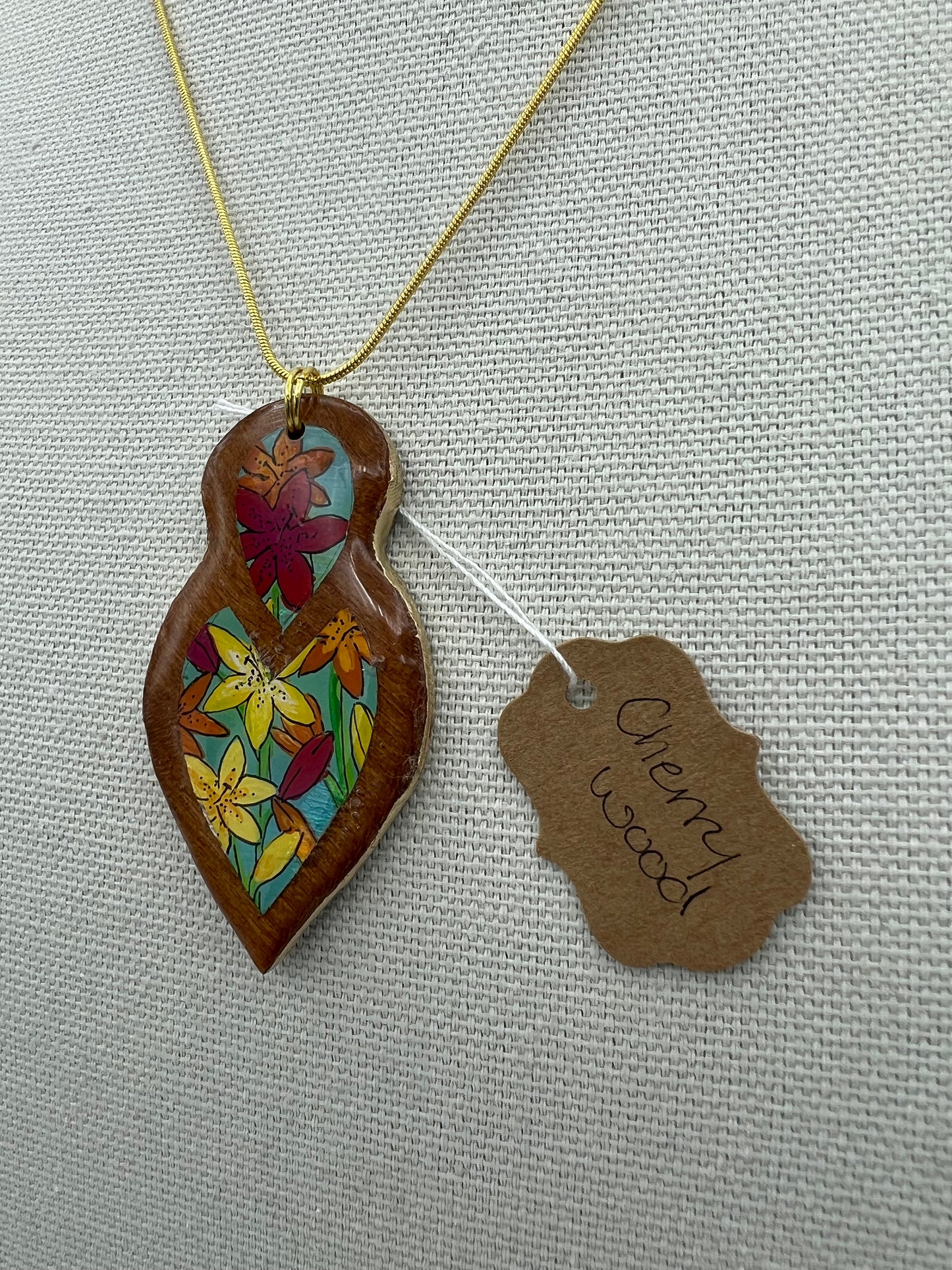 Mixed Lilies on Cherry Wood - Wooden Pendant Necklace