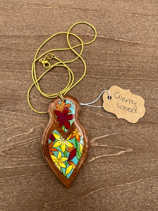 Mixed Lilies on Cherry Wood - Wooden Pendant Necklace