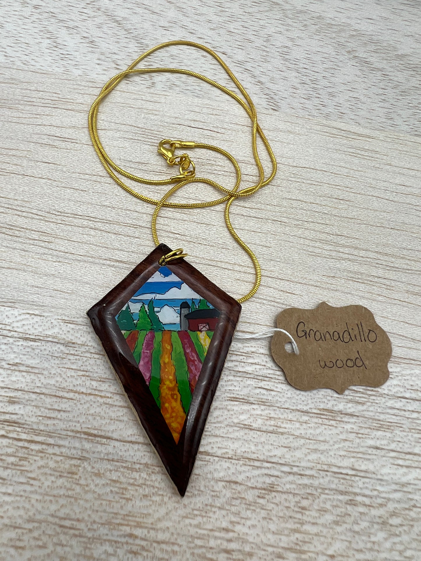 Quiet Flower Farm on Granadillo Wood - Wooden Pendant Necklace