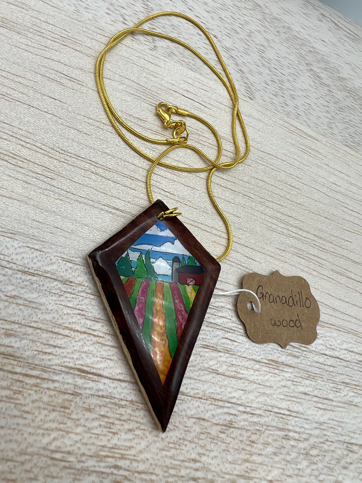 Quiet Flower Farm on Granadillo Wood - Wooden Pendant Necklace