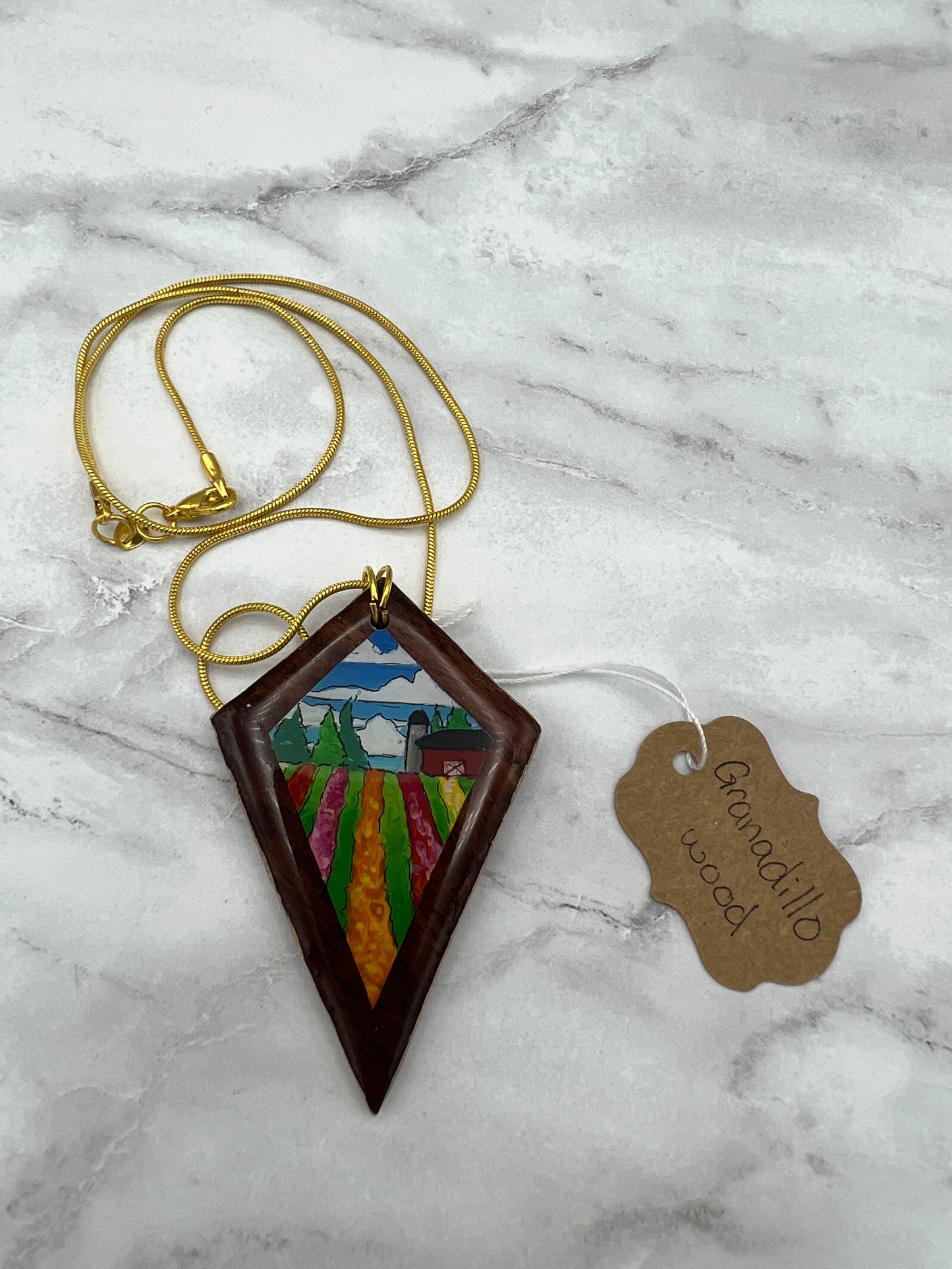 Quiet Flower Farm on Granadillo Wood - Wooden Pendant Necklace