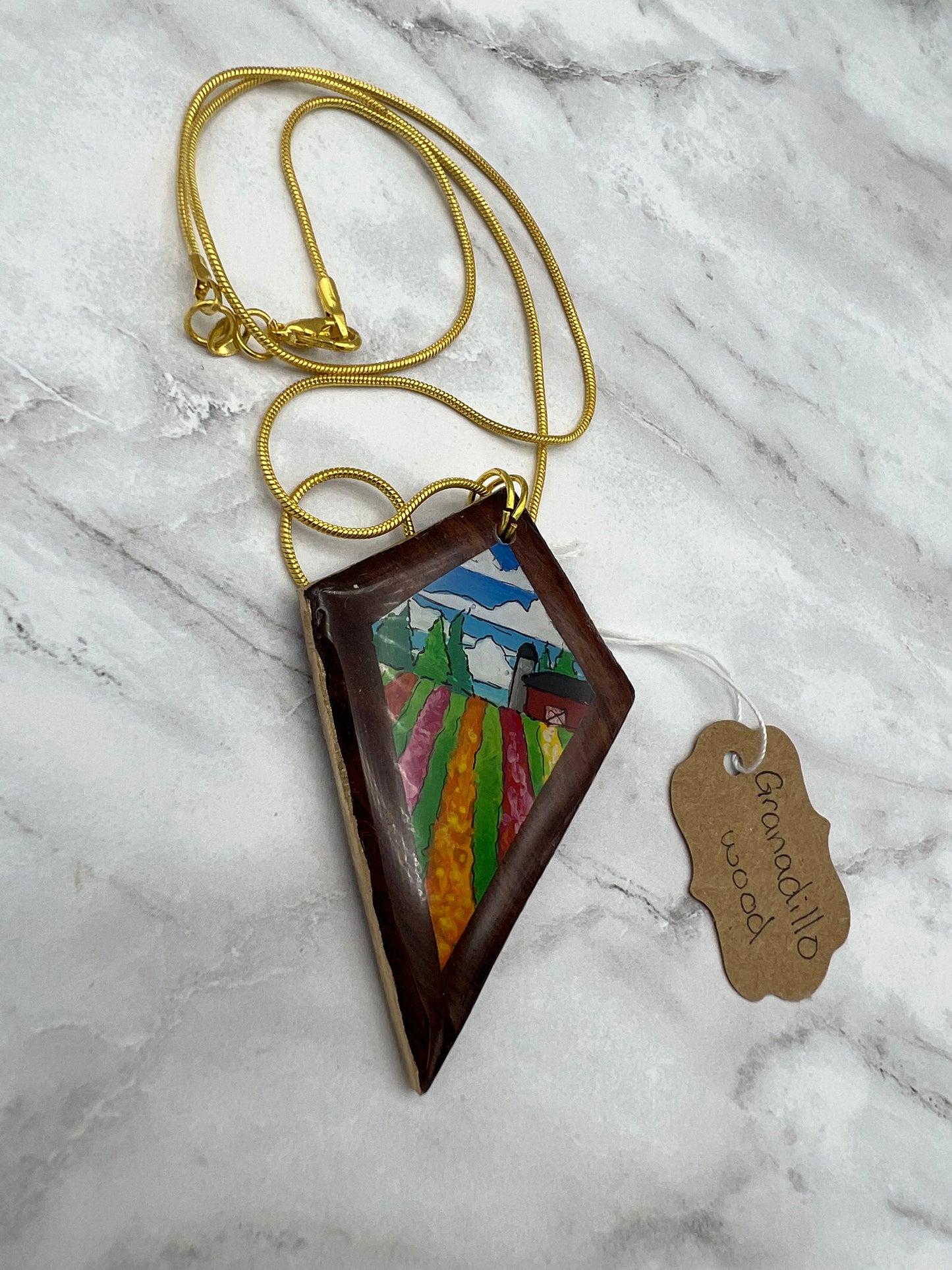 Quiet Flower Farm on Granadillo Wood - Wooden Pendant Necklace