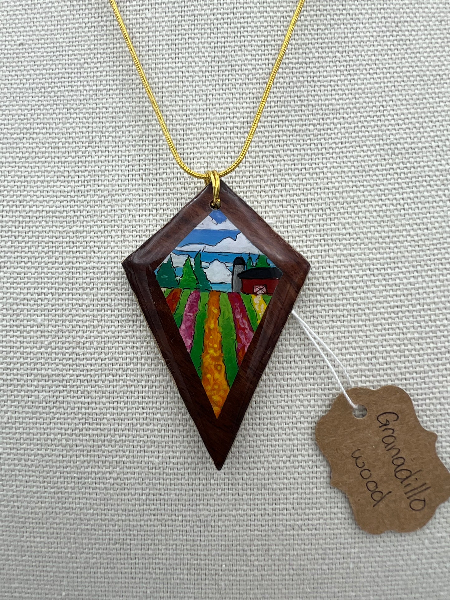 Quiet Flower Farm on Granadillo Wood - Wooden Pendant Necklace