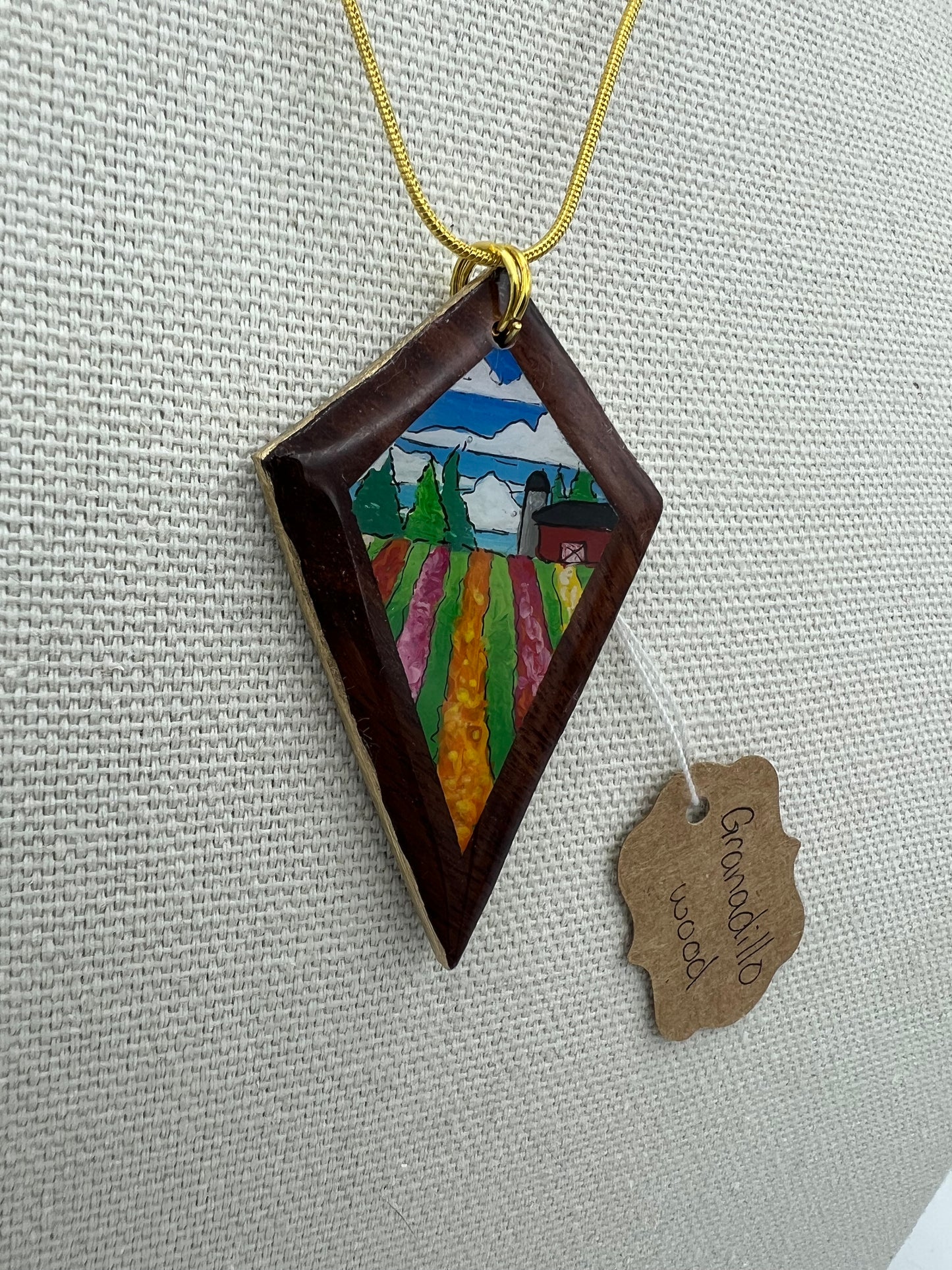 Quiet Flower Farm on Granadillo Wood - Wooden Pendant Necklace