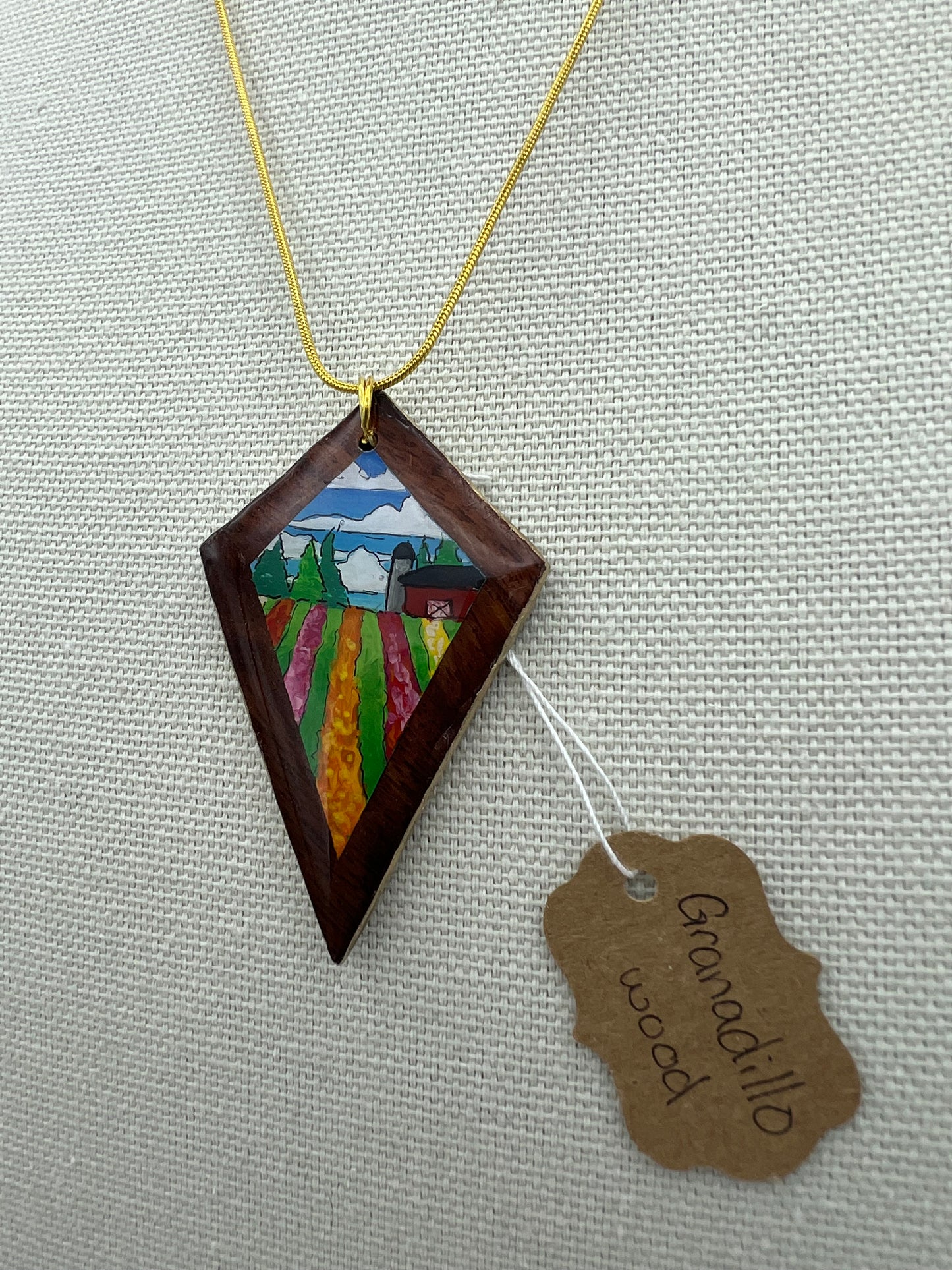 Quiet Flower Farm on Granadillo Wood - Wooden Pendant Necklace