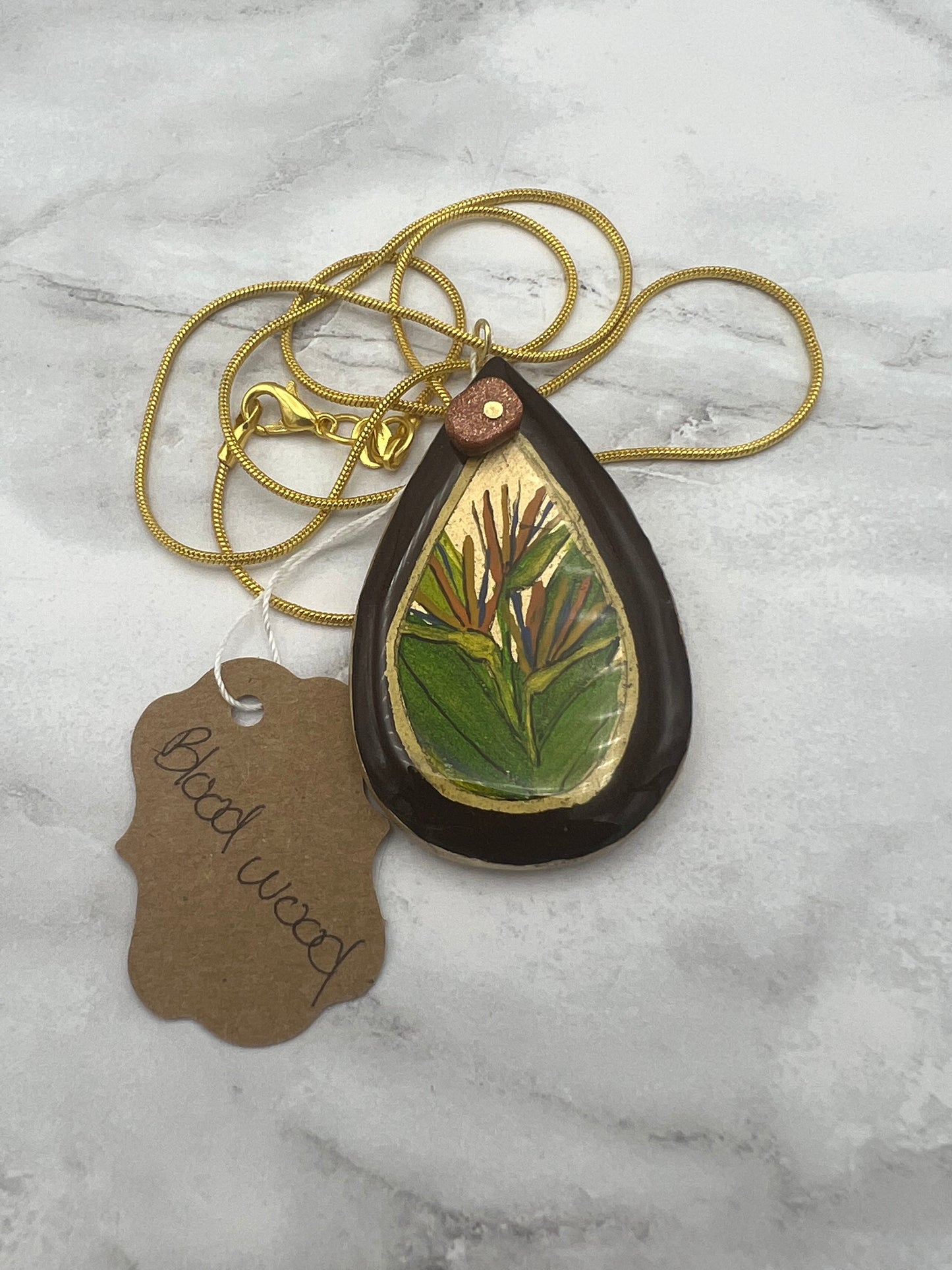 Birds of Paradise on Bloodwood - Wooden Pendant Necklace