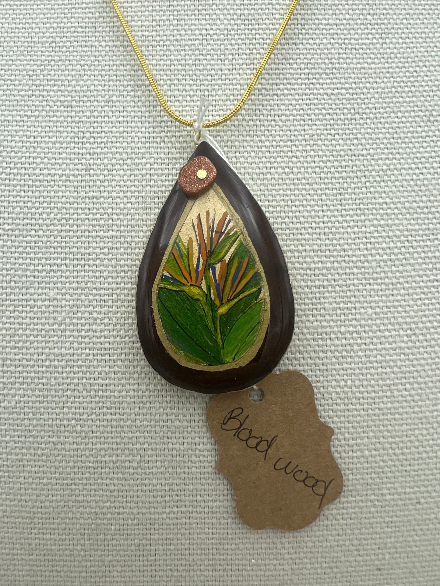 Birds of Paradise on Bloodwood - Wooden Pendant Necklace