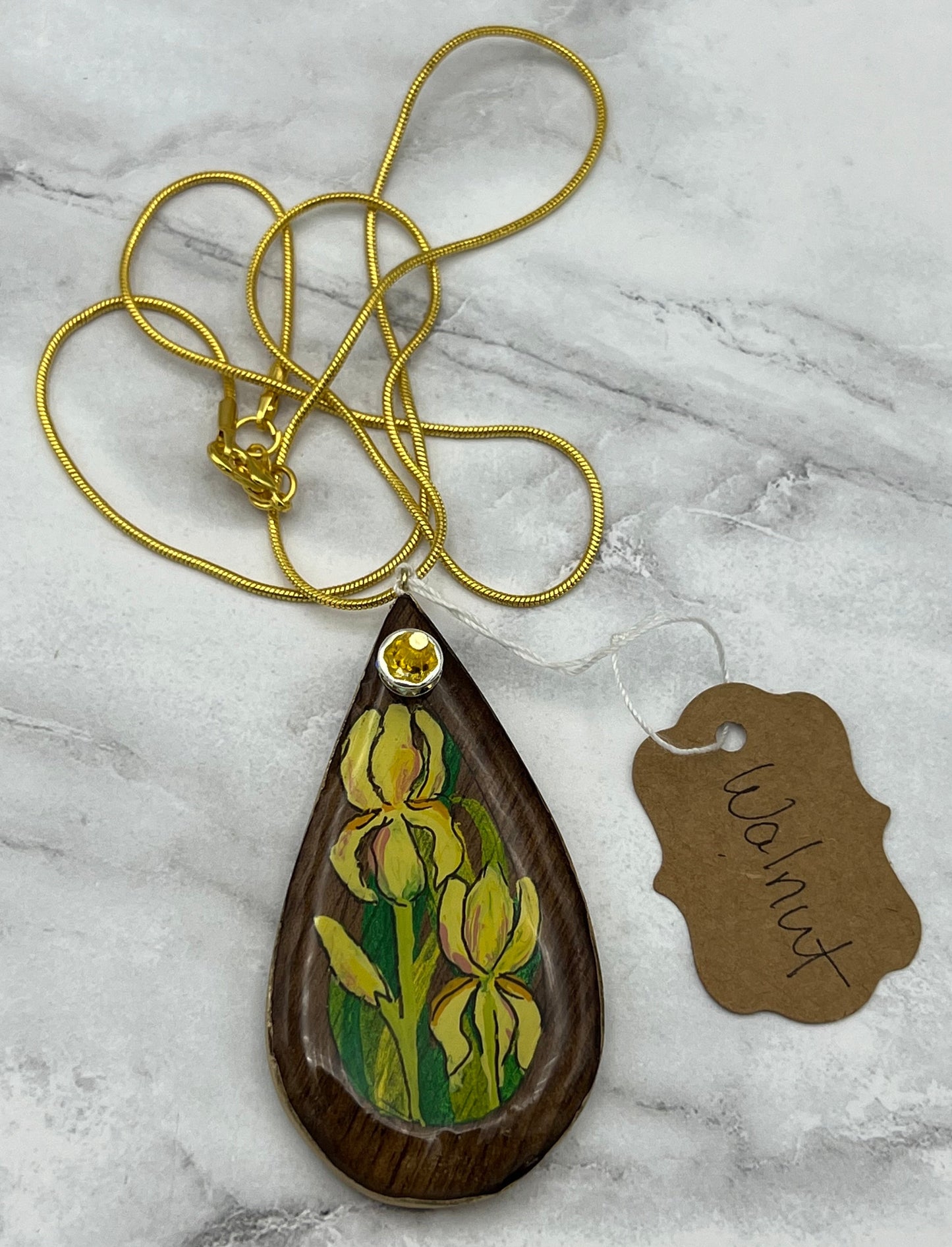 Yellow Iris on Walnut - Wooden Pendant Necklace