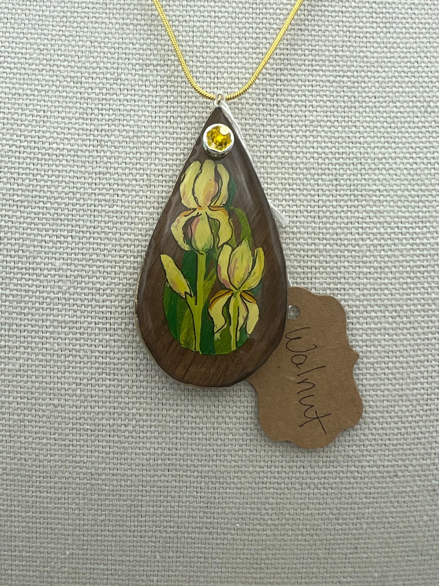 Yellow Iris on Walnut - Wooden Pendant Necklace