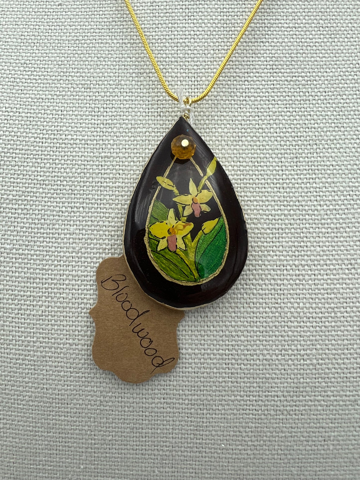 Yellow Orchids on Bloodwood - Wooden Pendant Necklace