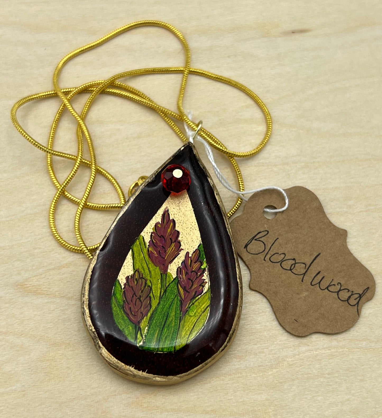 Red Torch Ginger Flowers on Bloodwood - Wooden Pendant Necklace