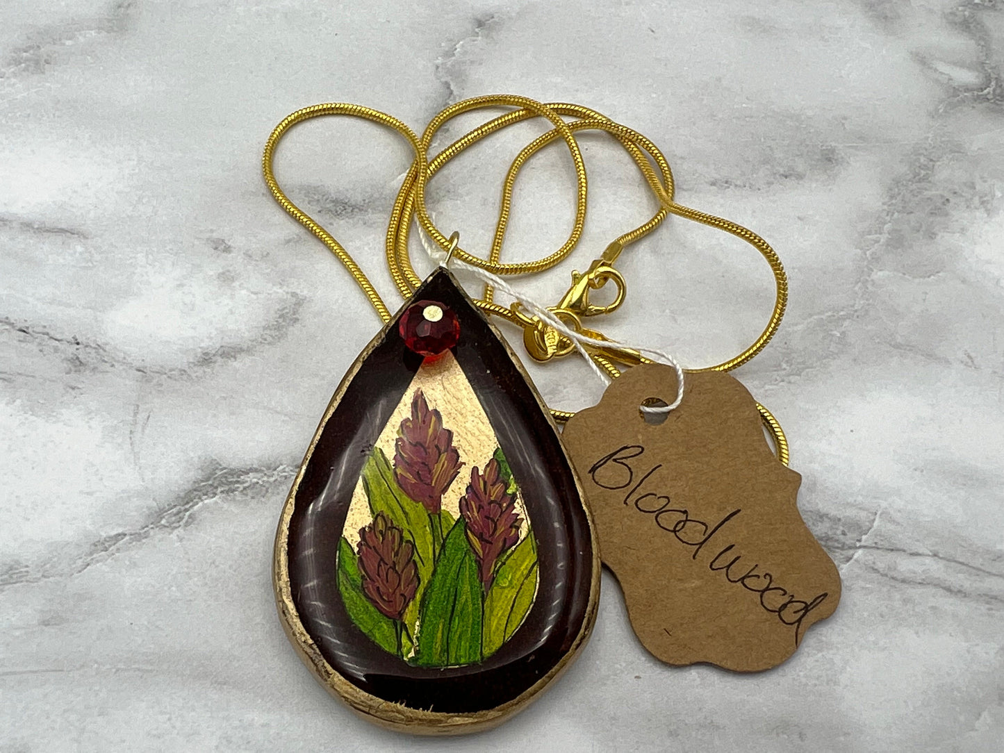 Red Torch Ginger Flowers on Bloodwood - Wooden Pendant Necklace
