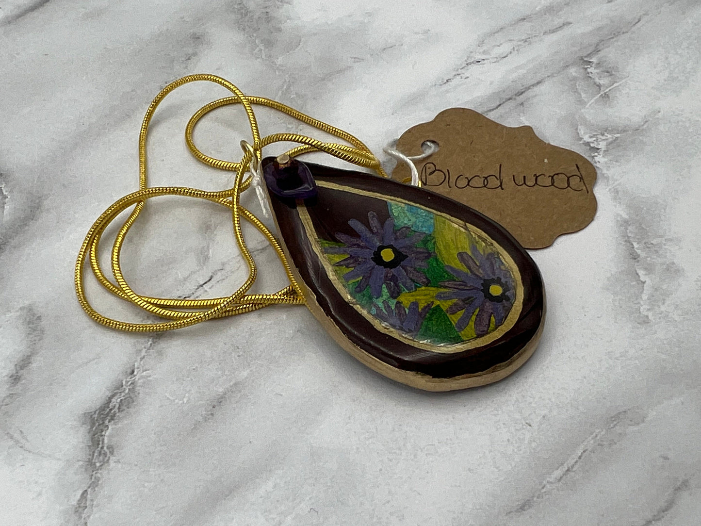 Violet Anemone on Bloodwood with Amethyst Accent - Wooden Pendant Necklace