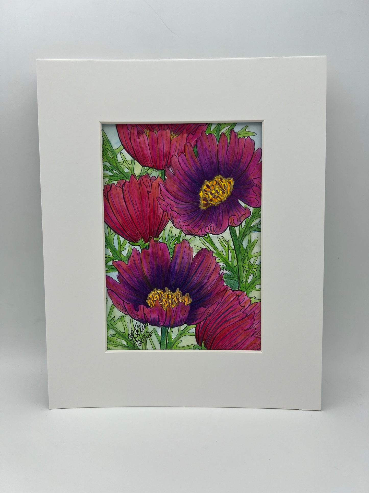 Cosmos in Red and Violet - Watercolor Painting