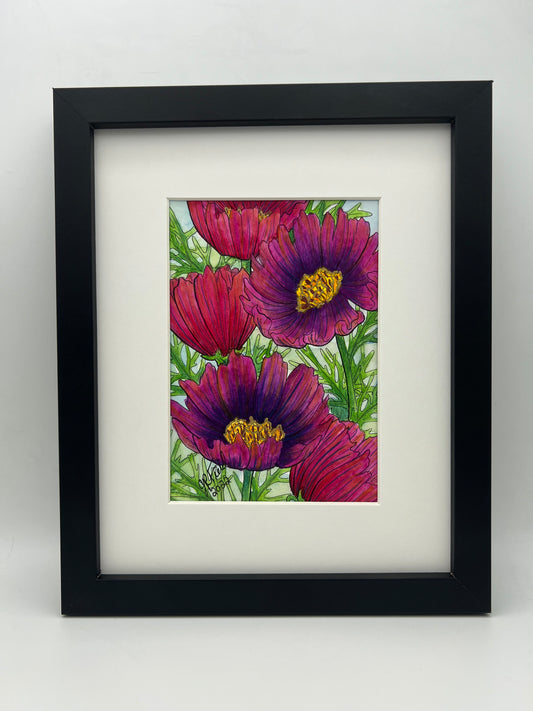 Cosmos in Red and Violet - Watercolor Painting