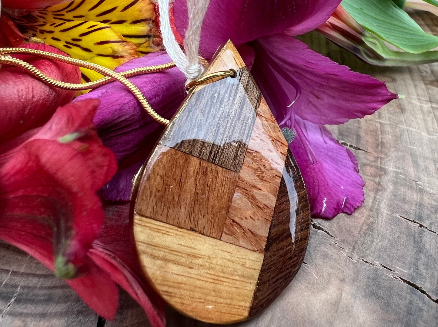 Quilted Drop - Mixed Wood Teardrop Pendant Necklace